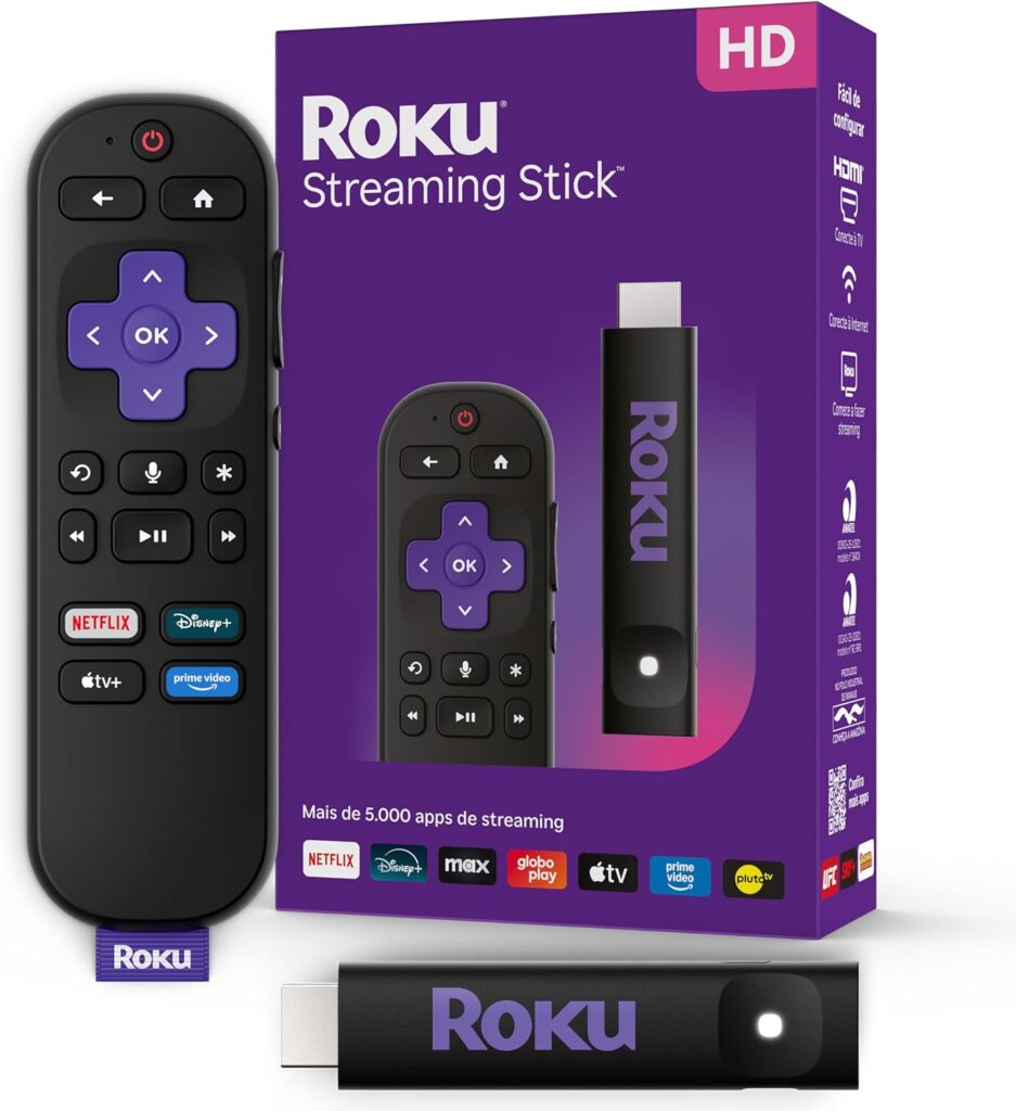 Roku Streaming Stick HD 2025 | Controle Remoto por Comando de Voz, Compatível com Alexa, Siri e Google